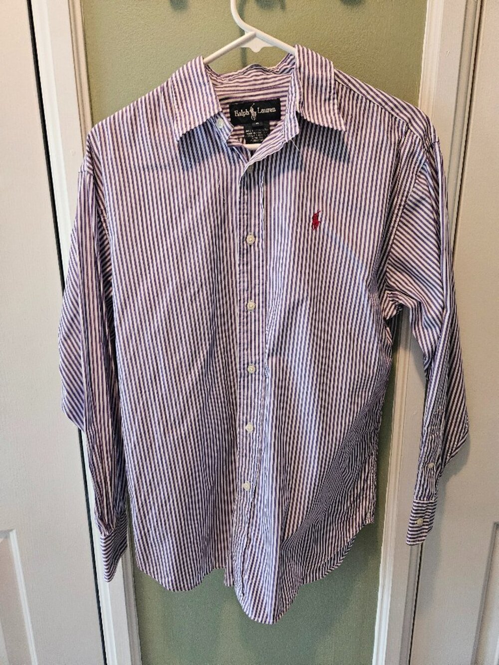 Ralph Lauren Purple White Striped Button Up Shirt 8 Collared Cotton Vintage